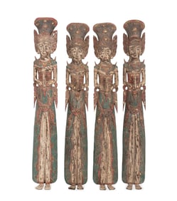 FOUR CARVED WOOD INDONESIAN TEMPLE FIGURES