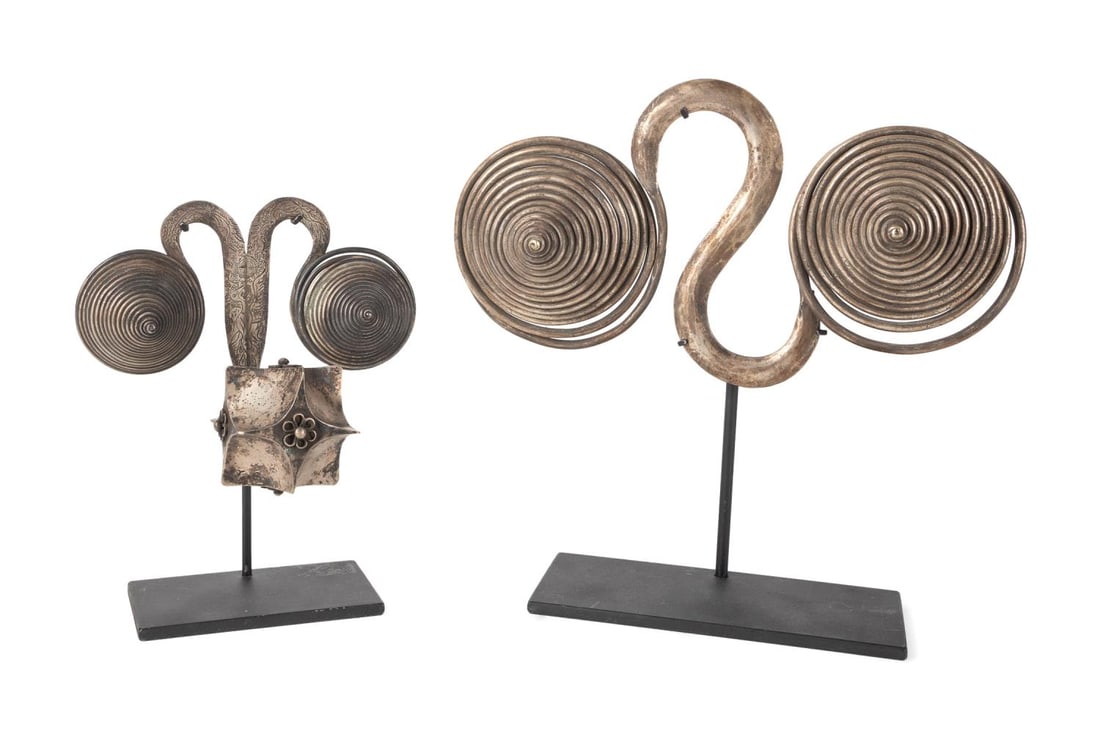 2PC CHINESE TRIBAL APRON COUNTER WEIGHTS ON STANDS (1 of 8)