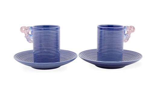 PAIR OF LIULI GONGFANG EAGLE CUPS AND SAUCERS