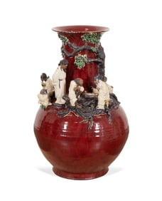 MONUMENTAL ASIAN FLAMBE BOTTLE VASE W/ 8 IMMORTALS