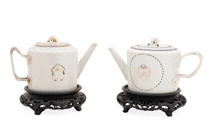 2 CHINESE EXPORT ARMORIAL LIDDED TEAPOTS ON STANDS