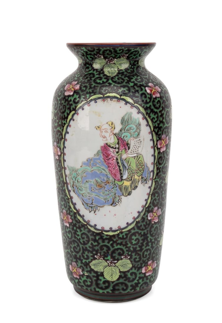 CHINESE FAMILLE NOIR IMMORTAL PORCELAIN VASE: Chinese. Famille Noir porcelain vase, having scrolling tendrils set amongst florals, and reserves with an Immortal, apparently unsigned. Provenance: The Estate of Greg Crawford, Atlanta, GA. Approxima