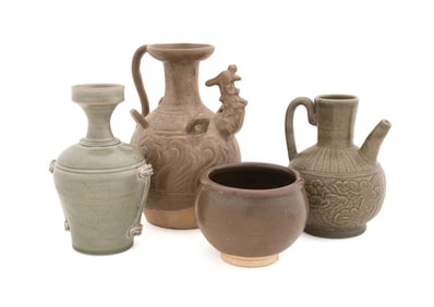 4PCS CHINESE DARK GREEN CELADON GLAZED POTTERY