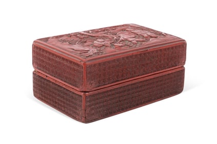 CHINESE RED CINNABAR FIGURAL DRESSER BOX