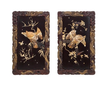 PAIR 19TH CENTURY JAPANESE BONE INLAID BIRD PANELS