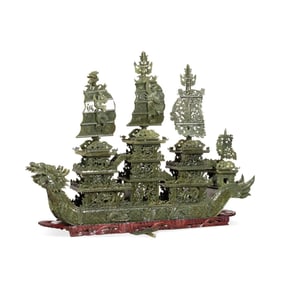 LARGE CHINESE SPINACH GREEN JADE BOAT