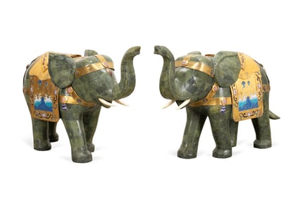 PAIR, ELEPHANT SCULPTURES W/ ENAMELED SADDLE