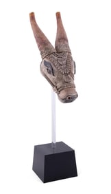 INDIAN POLYCHROME NANDI BULL CARVING ON STAND