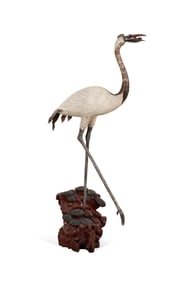 CARVED WOOD & BONE TALL STANDING CRANE SCULPTURE