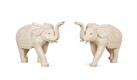PAIR OF LARGE TESSELLATED BONE ELEPHANT SCULPTURES
