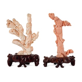 TWO CHINESE CARVED CORAL FIGURAL GROUPINGS