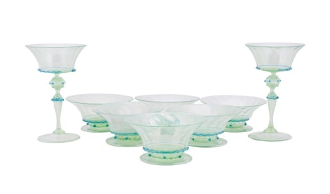 8 VENETIAN BLUE & GREEN GLASS, SHERBETS & GOBLETS