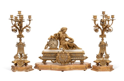 JAPY FRERES GILT MANTLE CLOCK AND GARNITURES SET