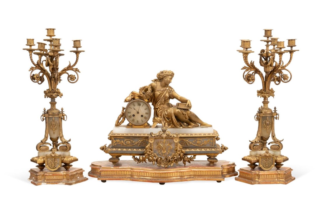 JAPY FRERES GILT MANTLE CLOCK AND GARNITURES SET (1 of 10)