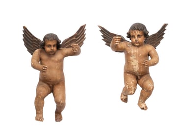PAIR OF ANTIQUE ITALIAN CARVED POLYCHROME PUTTI