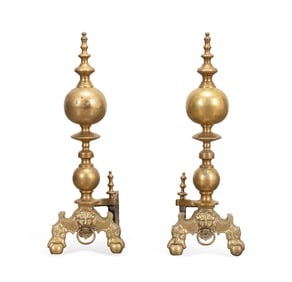 PAIR OF BAROQUE STYLE BRASS FIREPLACE ANDIRONS