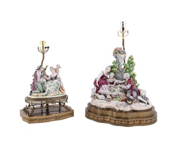 TWO GERMAN PORCELAIN COURTING SCENE TABLE LAMPS