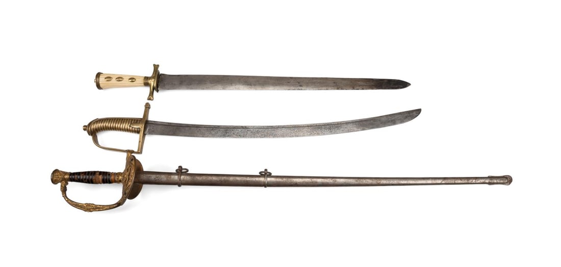 THREE ANTIQUE WESTERN EUROPEAN SWORDS: Continental, late 18th / early 19th century. French 1850-1860s officers double fullered dress sword, with shell grips, gilt over brass hilt touting a French eagle with crown, lightning bolts in eagle 