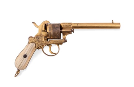 19TH C. BELGIAN GOLD PLATED PINFIRE REVOLVER 11MM