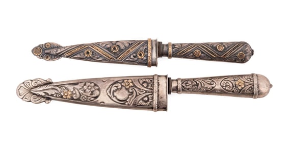 TWO 800 SILVER WITH GOLD OVERLY GAUCHO BOOT KNIVES