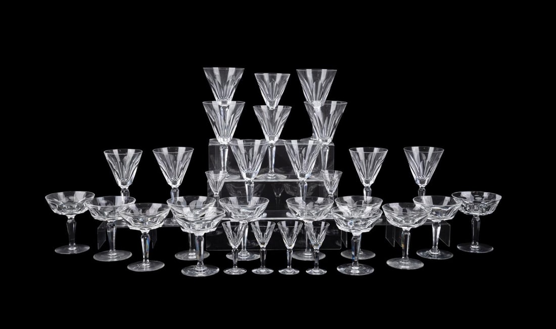 30 PIECES OF WATERFORD CRYSTAL 'SHEILA' STEMWARE: Waterford Crystal (Irish). 30 pieces of "Sheila" (pattern active 1958-2017) stemware comprising, 4 water goblets (h. 7"), 8 claret wine glasses (h. 6.25"), 12 champagne saucers / sherbets (h. 4.75"), 