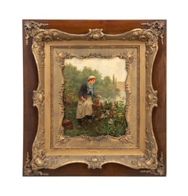 LOUIS DUBOIS, 19TH C. LADY IN GARDEN OIL ON CANVAS