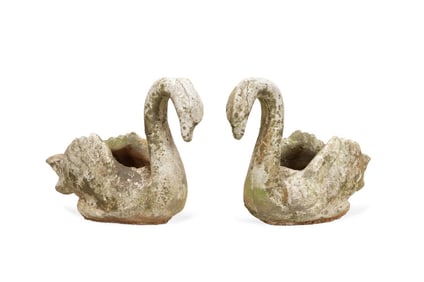 PAIR OF CAST STONE GARDEN SWAN PLANTERS