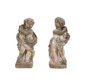 PAIR, CAST STONE GARDEN PUTTI SEASON FIGURES
