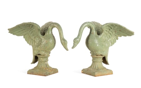 PAIR CAST IRON SWAN GARDEN FIGURES