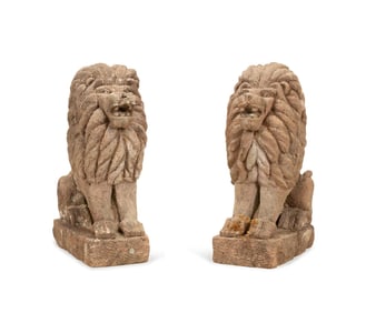 PAIR CARVED LIMESTONE LION GARDEN FIGURES