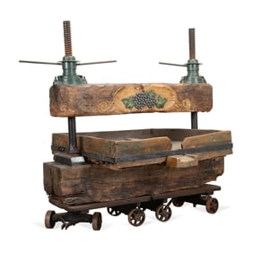 LARGE WOODEN GRAPE MOTIF FRUIT PRESS AND WELL