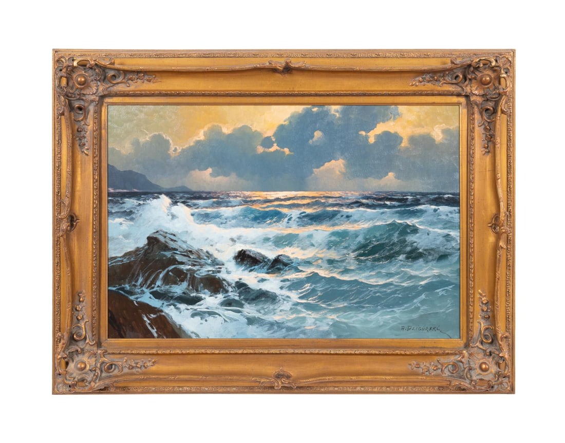 ALEXANDER DZIGURSKI SEASCAPE OIL ON CANVAS: Alexander Dzigurski (Serbian / American, 1911-1995). Untitled - California Coast Seascape, oil on canvas, signed to LR. Framed. Provenance: Private Collection, Johns Creek, GA. Approximate dimensions: