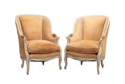 PAIR OF LOUIS XV STYLE SUEDE UPHOLSTERED BERGERES
