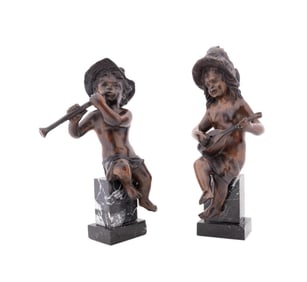 PAIR OF 19TH C. FRENCH BRONZE PUTTI MUSICIANS