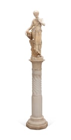ITALIAN ALABASTER 'REBECCA AT THE WELL', PEDESTAL