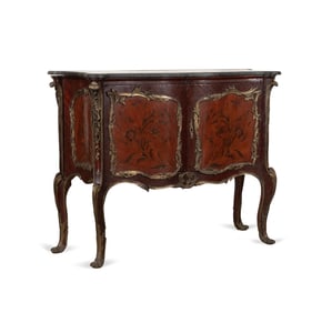 LOUIS XV STYLE MARBLE TOP MARQUETRY ORMOLU CABINET