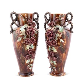 PAIR, FRENCH FAIENCE FLORAL & VINE CERAMIC URNS