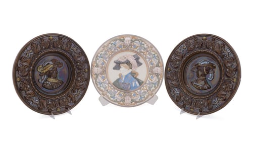 THREE MAJOLICA FIGURAL ROUND CHARGERS