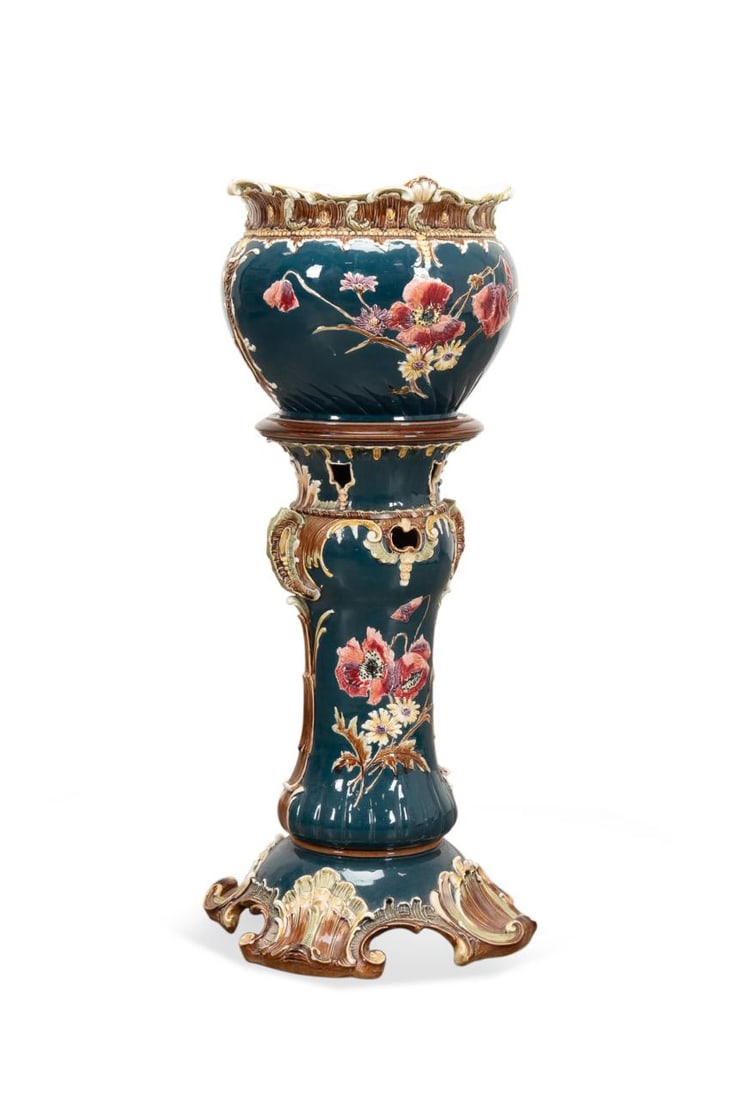 ENGLISH ART NOUVEAU FAIENCE JARDINIERE ON STAND (1 of 9)