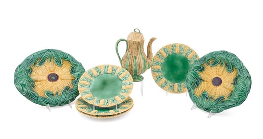 SEVEN PIECES OF CORN MOTIF MAJOLICA TABLEWARE