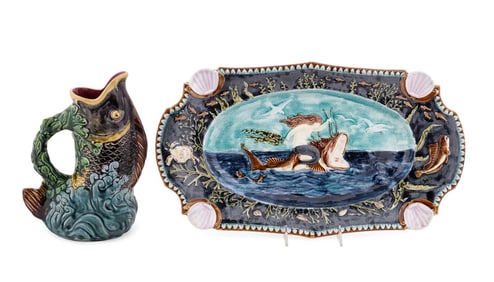 TWO PIECES, SEA LIFE MOTIF MAJOLICA TABLEWARE