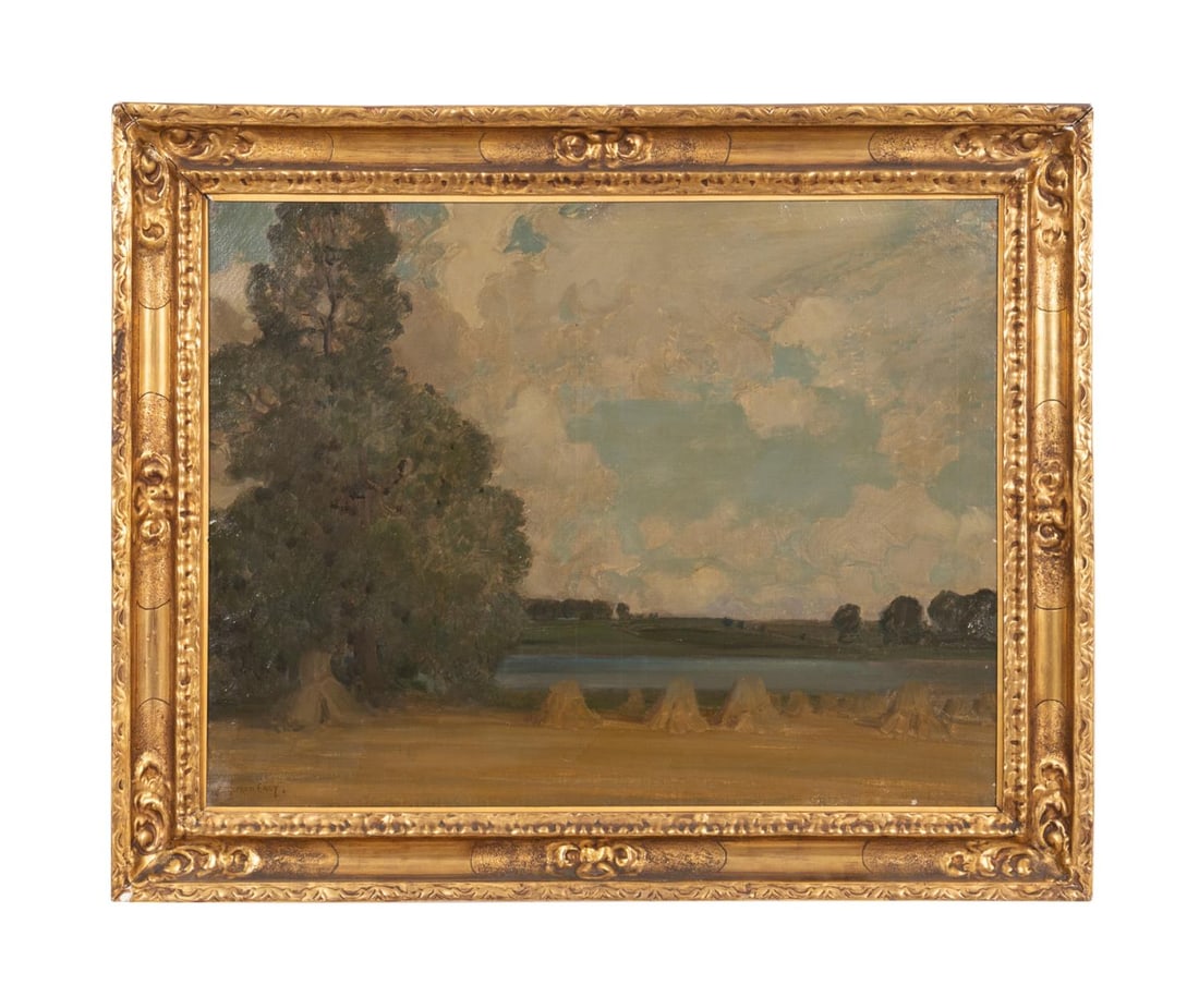 ALFRED EAST 'BEFORE THE DAWN' OIL ON CANVAS: Alfred East (English, 1849-1913). "Before the Dawn", oil on canvas, signed to LL, with The Leicester Galleries exhibition labels, London, England, one dated to the 1910s to verso. Framed. Note: The Le