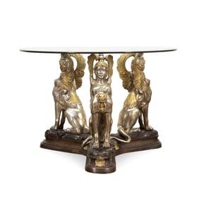 EGYPTIAN REVIVAL GLASS TOP SPHINX CENTER TABLE