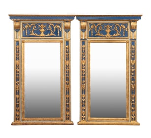 PAIR, LARGE BLUE & GILT NEOCLASSICAL WALL MIRRORS