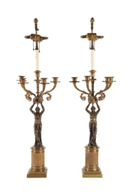 PAIR OF EMPIRE BRONZE FIGURAL CANDELABRA LAMPS