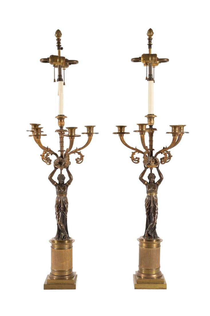 PAIR OF EMPIRE BRONZE FIGURAL CANDELABRA LAMPS (1 of 7)