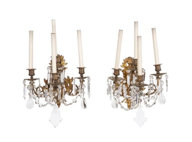 PAIR OF LOUIS XVI STYLE BRONZE & CRYSTAL SCONCES