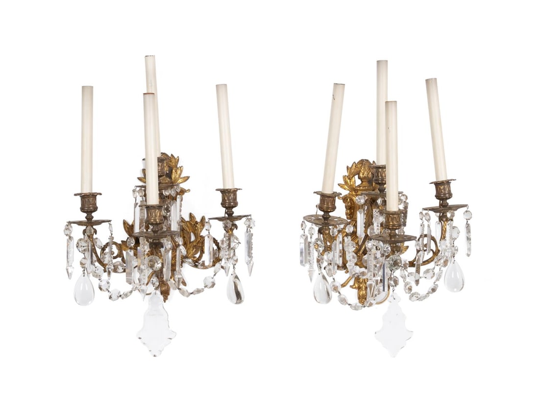 PAIR OF LOUIS XVI STYLE BRONZE & CRYSTAL SCONCES (1 of 3)