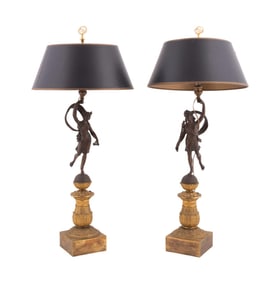 PAIR OF EMPIRE STYLE PARCEL GILT FIGURAL LAMPS