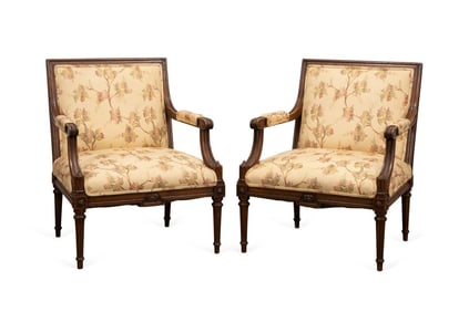 PAIR OF LOUIS XVI STYLE WALNUT FAUTEUILS